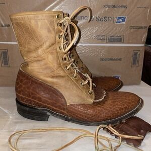 Justin Boots 8D Leather 630 Brown Tan Two Tone Kiltie Packer Vintage Made In USA